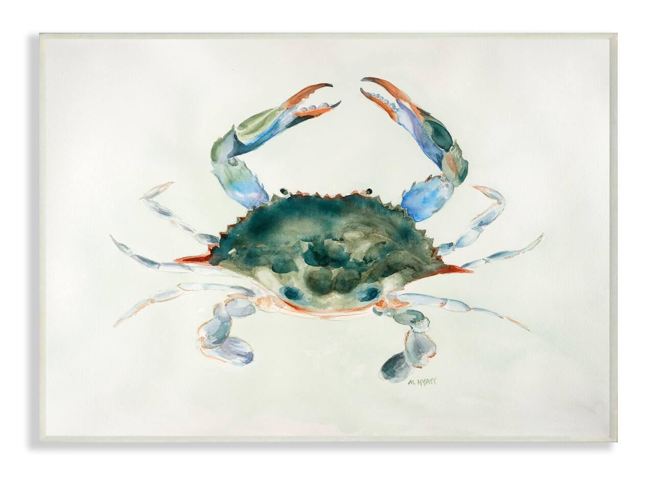 Stupell Industries Blue Sea Crab Over Beige Soft Watercolors Wood Wall Plaque
